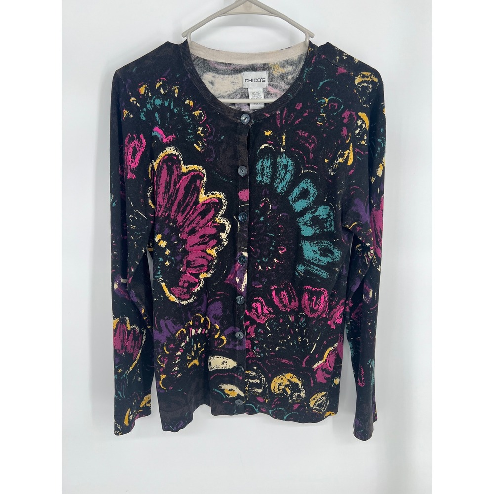 Chicos Silk Blend Floral Cardigan Sweater Size 1 Abstract Print Button‎ Front
